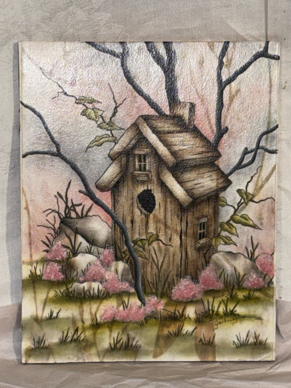 Joyce Yarbrough Signed Original Watercolor Mixed Media Woodland Birdhouse 8X10
